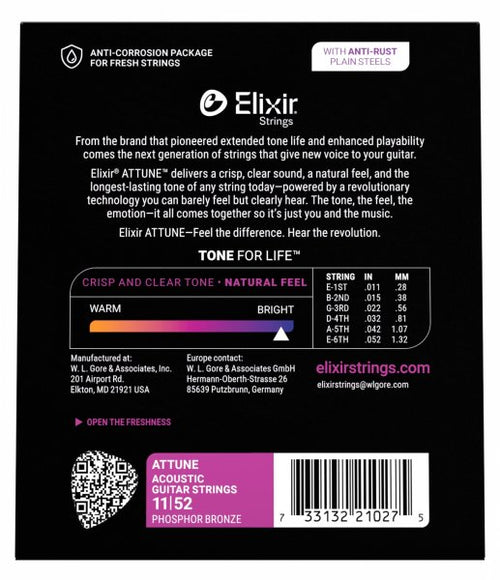 ELIXIR  ELIXIR Attune Phosphor Bronze Acoustic Guitar Strings Custom Light 11-52,Hamilton,Canada