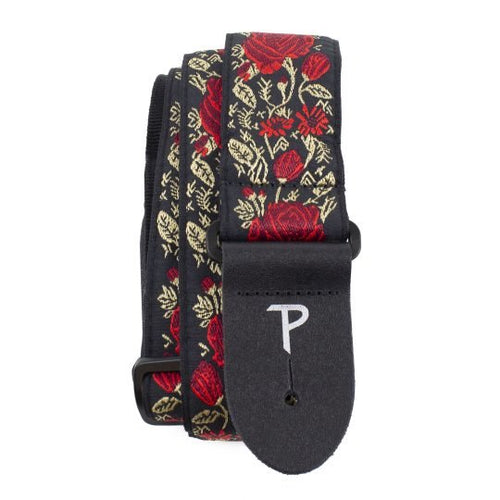 2″ RED/GOLD ROSES ON BLACK JACQUARD GUITAR STRAP Perri's Guitar Accessories for sale canada
