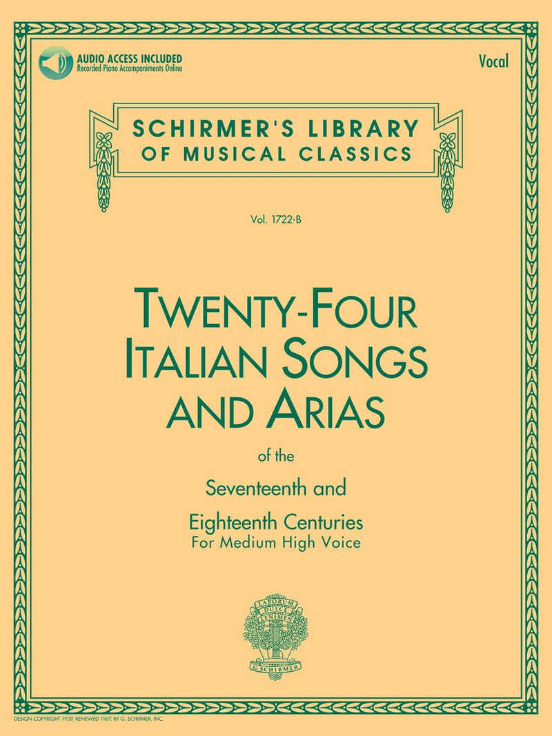 24 Italian Songs & Arias, Medium High Voice, Book/CD With Audio Access Hal Leonard Corporation Music Books for sale canada