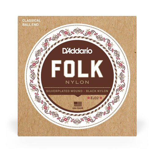 D'Addario EJ32 Folk Nylon Ball End Silver Plated Wrap, Nylon Core, Black Nylon Trebles ball end D'Addario &Co. Inc Guitar Accessories for sale canada