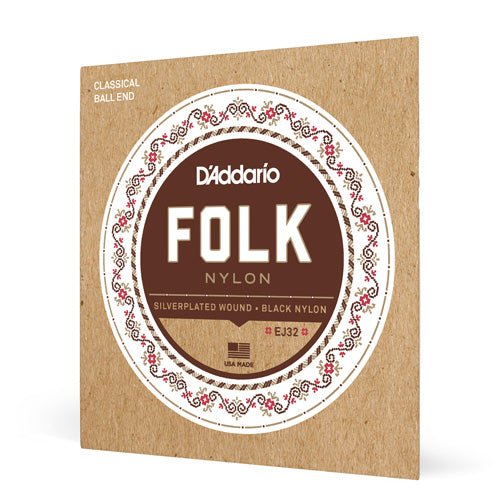 D'Addario EJ32 Folk Nylon Ball End Silver Plated Wrap, Nylon Core, Black Nylon Trebles ball end D'Addario &Co. Inc Guitar Accessories for sale canada